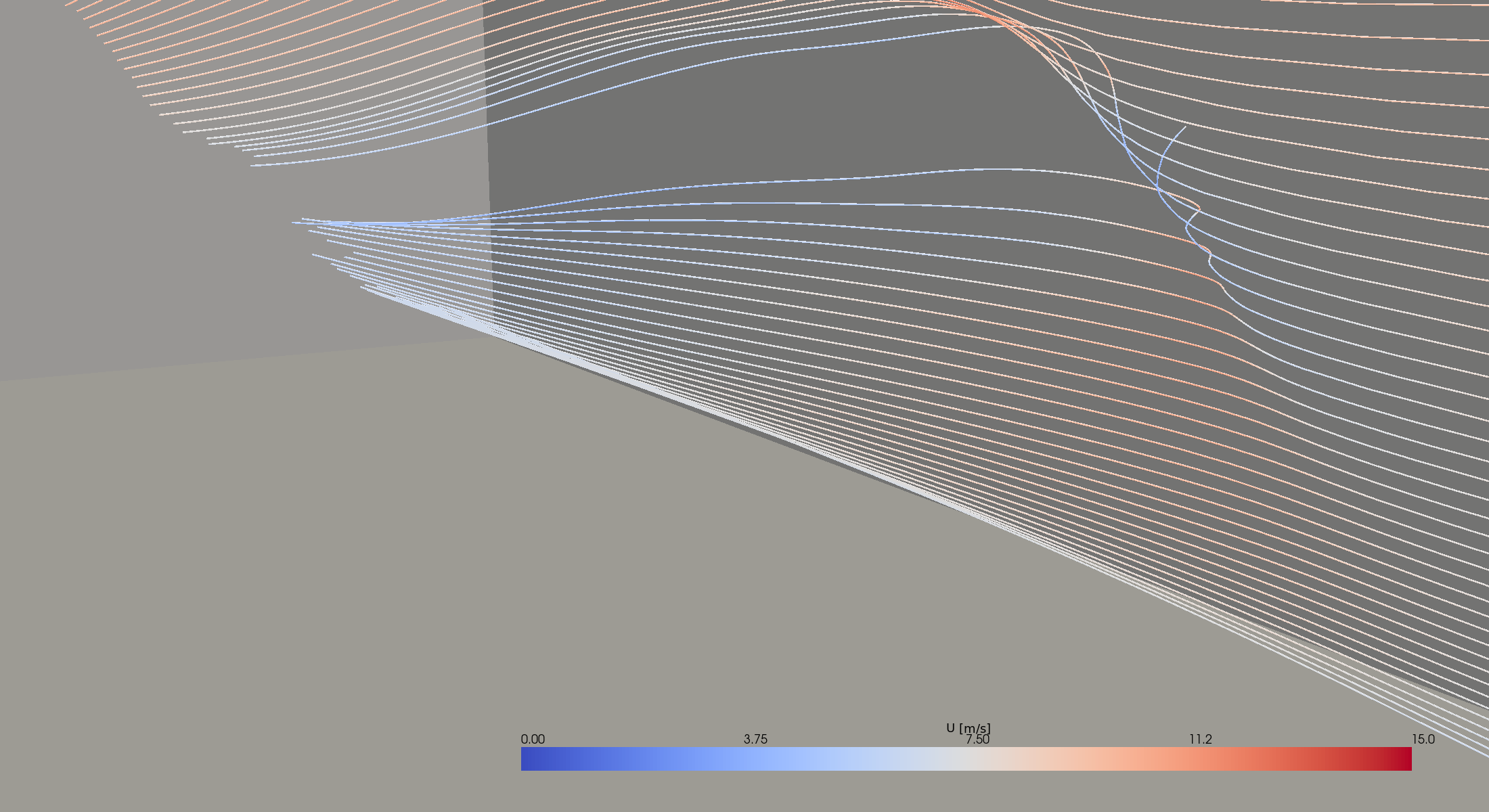 Streamlines seeded upstream of the building, colored by velocity, showing the flow deflecting over and around the tower.